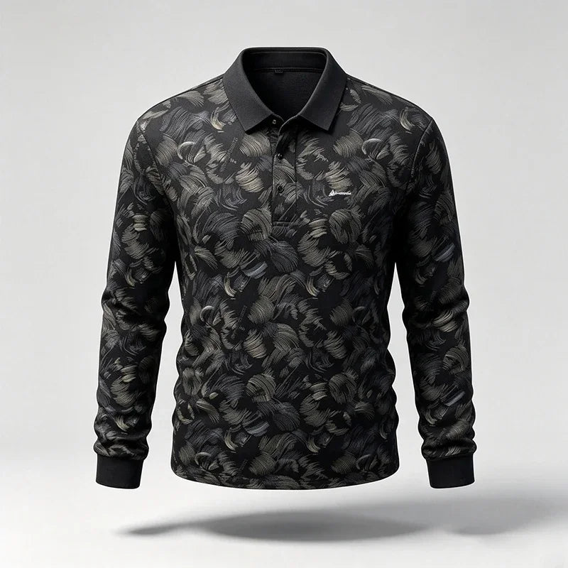 Mens Turn Collar Polo Long Sleeve Tops Premium Printed Material Button Closure Small Logo Decoration Male Clothing