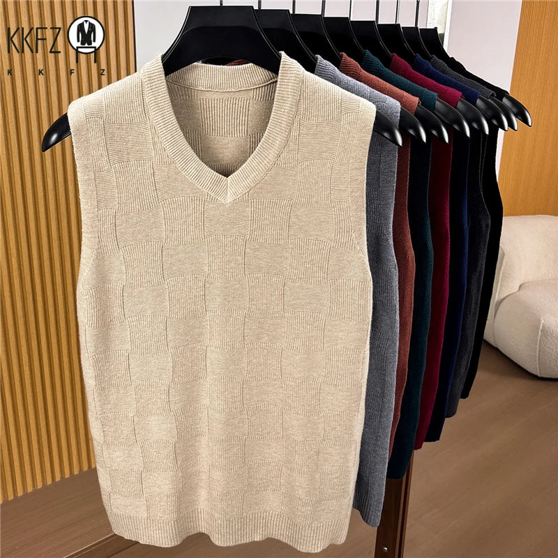 Mens Lightweight Jacquard Knitted Sleeveless Vest V Neck Textured Sweater Tank Top For Daily Commute And Business Matching