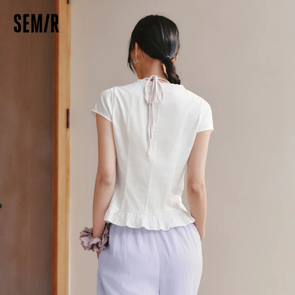 អាវខ្លី Semir សម្រាប់នារី ក V រាងមូល ស្លីម ស្អាត គួរឲ្យស្រលាញ់ អាវធម្មតា ម៉ូដរដូវក្តៅ ឆ្នាំ២០២៦ ស្លៀកប្រចាំថ្ងៃ
