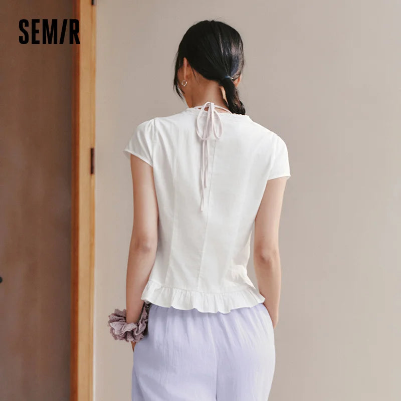 Semir Women Shirt Short Length V Neck Bow Cotton Slim Fit Sweet Cute Casual Top 2026 Summer Fashion Daily Wear
