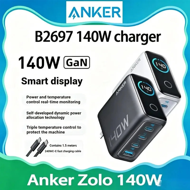 ឆ្នាំងសាកជញ្ជាំង Anker B2697 Zolo 140W GaN រន្ធច្រើនសម្រាប់បង្ហាញឆ្លាតវៃ PD លឿន ជាមួយខ្សែ USB-C ទំហំ 1.5M 240W សម្រាប់ទូរស័ព្ទកុំព្យូទ័រយួរដៃ