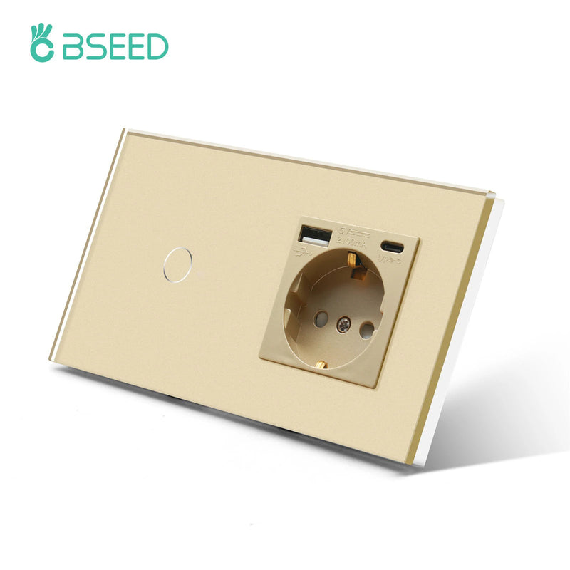 BSEED EU Wall Sockets Single Power Outlet Double Glass Frame USB Type-C Charge Ports Triple Socket Plugs Kids Protection 16A