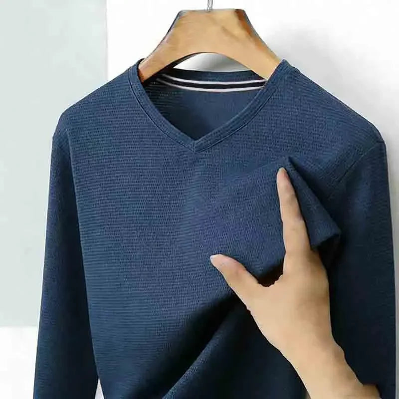 2026 New Men's Brown V-neck Long Sleeve Shirt Casual Business Commute Top for Office