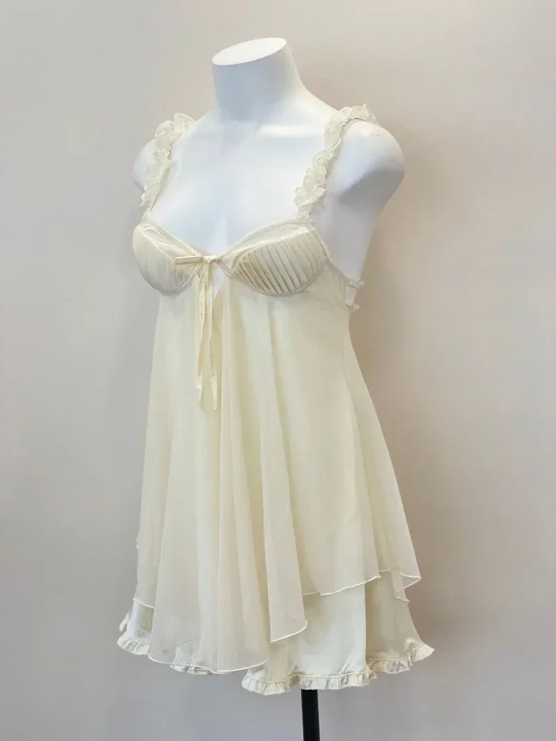 Sexy Mesh Pajamas Women's Nightgowns New Ruffles Lace Chest Pad Cushion Suspender Pajama Dress Night Sleepwear Lingerie