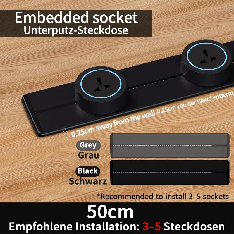 Wall power rail socket EU, kitchen aluminum expansion socket 40cm 50cm, built-in socket on countertop