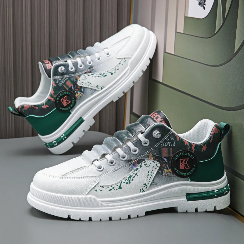 Mens Skateboard Shoes 2025 New Street Trendy Comfort Flat Outdoor Leisure Sneakers Leather Casual Lace-up Walking Shoes for Men