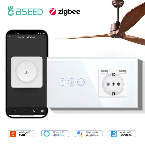 កុងតាក់ BSEED Zigbee Fans ប្តូរកុងតាក់បញ្ជាល្បឿនជញ្ជាំងឆ្លាតវៃជាមួយរន្ធ EU គាំទ្រ Tuya Smart Life Alexa ការគ្រប់គ្រងសំឡេង