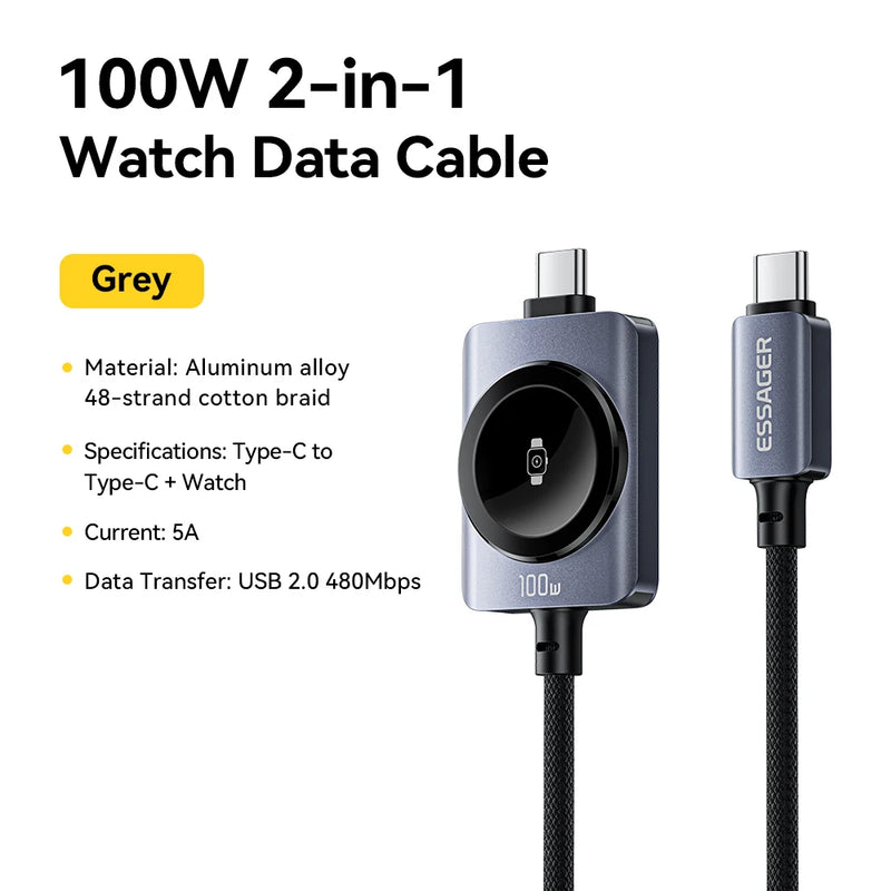 ខ្សែសាកនាឡិកា Essager 100W 2 ក្នុង 1 សម្រាប់ iPhone17 16 15 Pro Max iWatch ឆ្នាំងសាកម៉ាញេទិកប្រភេទ C ទៅប្រភេទ C ខ្សែសាកលឿន