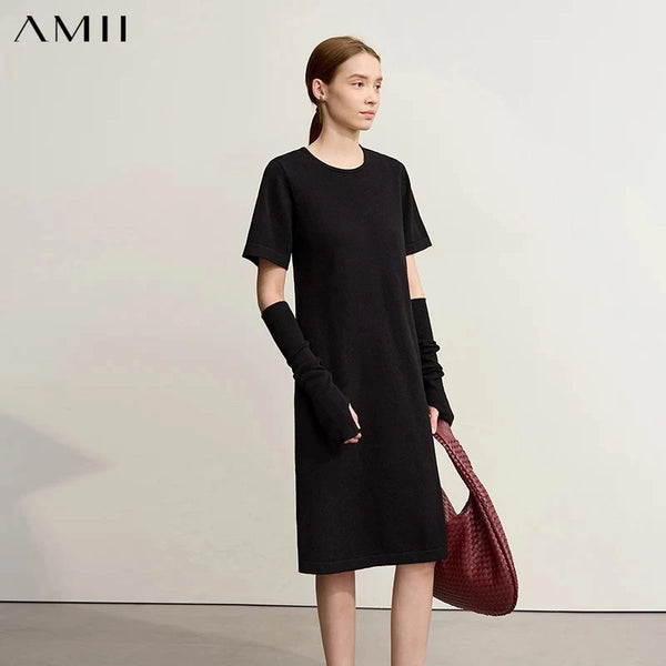 Amii Womens Dresses 2026 Winter New Minimalist Round Neck Loose Elastic Short Sleeves Knitted Wool Dresses For Woman 12544053