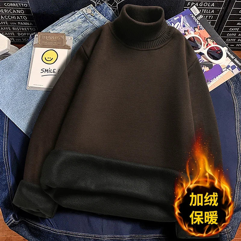 Winter Thermal Base Layer Men High Collar Knitted Pullover Full Fleece Lined Soft Long Sleeve Daily Commute Sweater