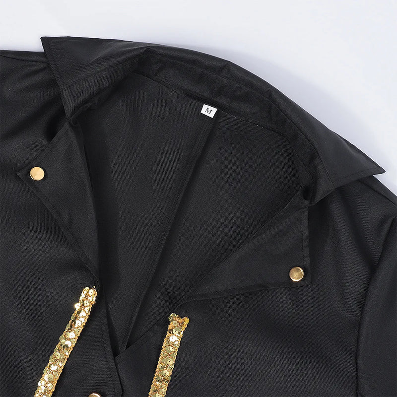Blue Men's Halloween Trench Coat, Gold-trimmed Tailcoat with Patchwork Detailing, Medieval Mid-length Jacket, Punk-style Tops
