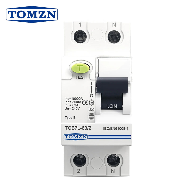 TOMZN TOB7L Type B RCCB 2P 63A 30/100/300mA Single Phase | Electromagnetic Leakage Breaker | DIN Rail