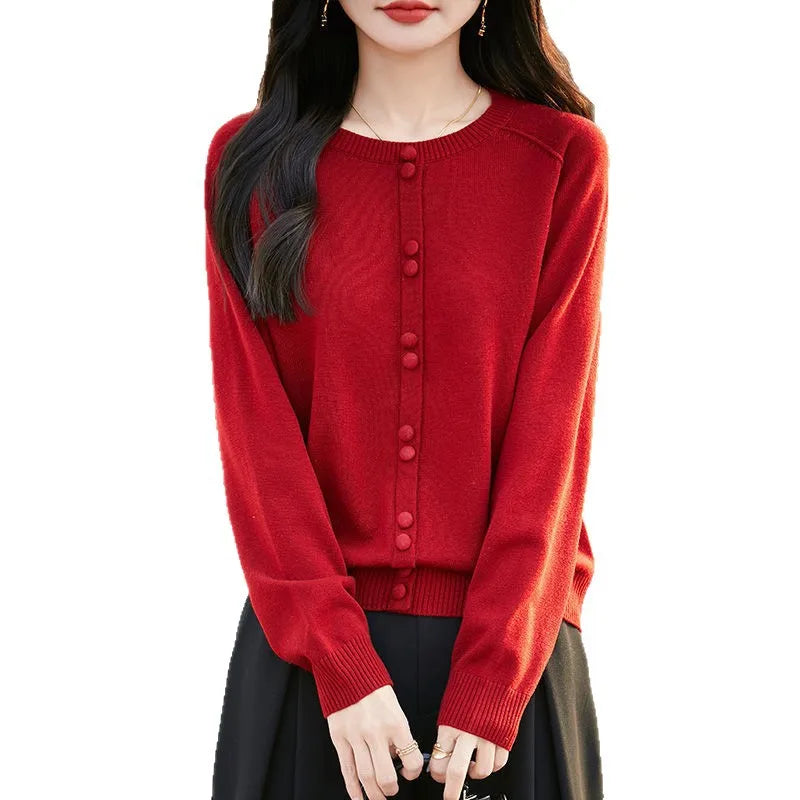 New Fashion Jersey For Women Jumper Spring Autumn Woolen Blouse Round Neck Knitwear Tops Female Pullovers Sweater With Buttons