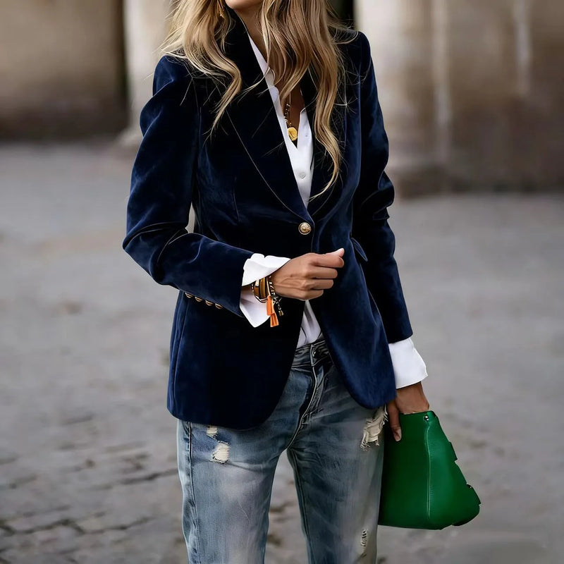 Elegant Women's Long-sleeve Blazer, A V-neck Jacket Made of Corduroy. Available in Black,Purple,Brown,Yellow,Red,Blue,Green,Gray
