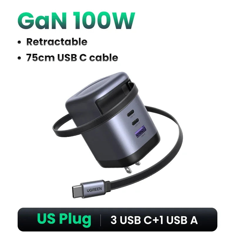 UGREEN 65W GaN Charger With Retractable USB C Cable For iPhone 18 17 Pro Samsung Xiaomi Laptop Macbook Tablet PD Fast Charger