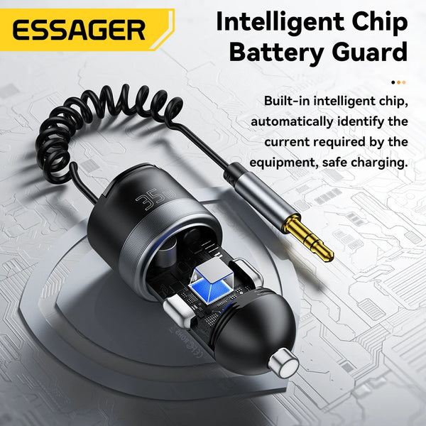 Essager Bluetooth 5.3 Car Charger 3.5mm AUX Adapter PD35W QC30W Car Fast Charger for iPhone 16 15 Pro Huawei Xiaomi Samsung iPad