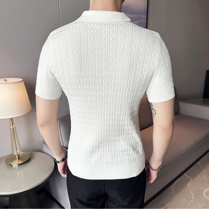New Slim-Fit Jacquard Knitted Short-Sleeved Polo Shirt for Men's Fashion Lapel Golf Shirt