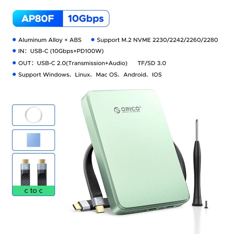 ORICO M.2 NVMe SSD Enclosure 2230-2280 MagSafe USB C 3.2 with TF/SD 3.0 Card Reader PD 100W for iPhone 16 17 Pro ProRes