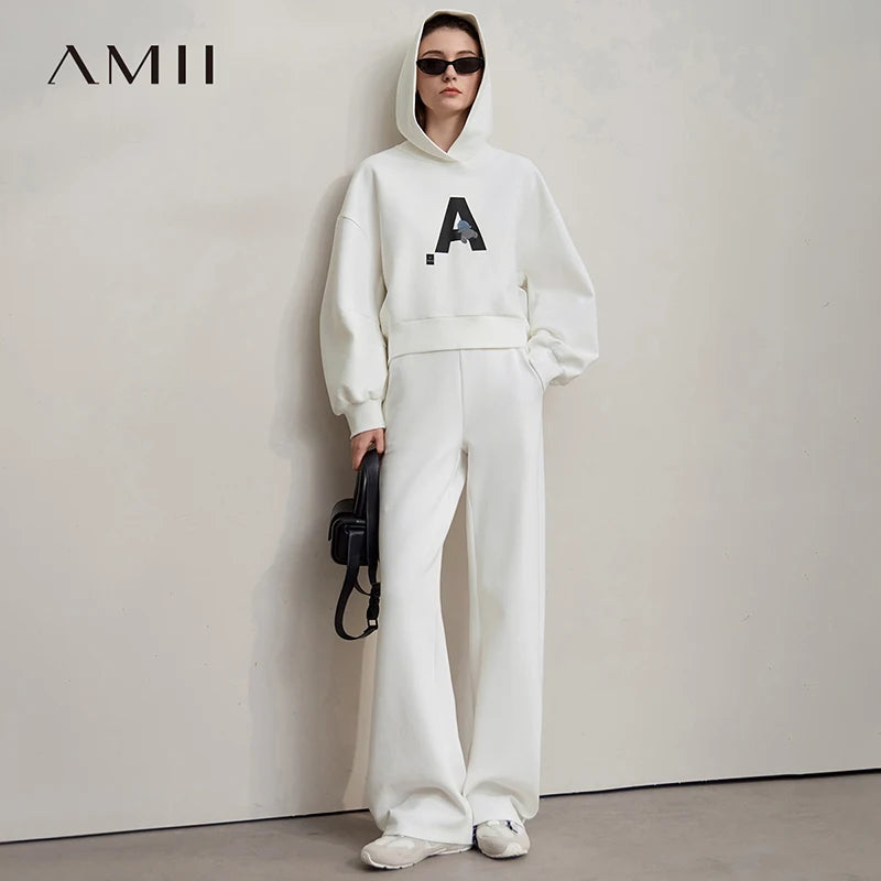 AMII Woman Sweatshirts 2026 Autumn Casual Letter Loose Hooded Sweater Wide-leg Sweatpants Separate Knit Ladies Clothes 12523012