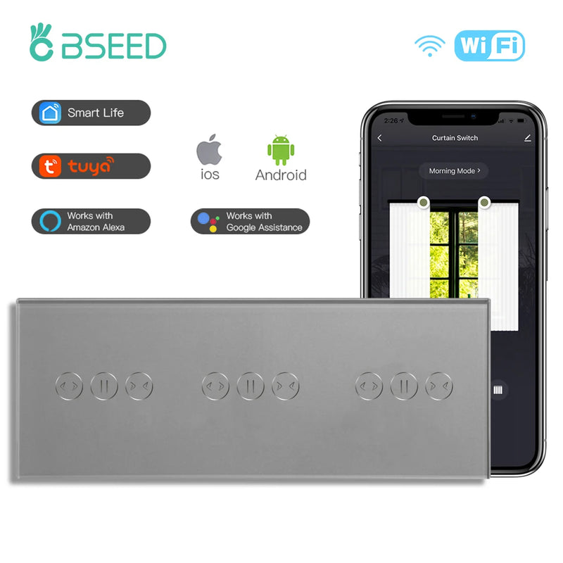 BSEED WiFi Curtain Switch Wireless Smart Touch Switch for Smart Life Tuya Alexa Blind Roller Shutter With Neutral Line