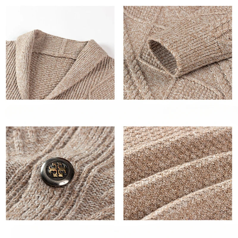 New Men's Knitted Cardigan, Youth Lapels Long Sleeve Coat, Men's Sweater Casual, Camel Black Gray Warm Sweater
