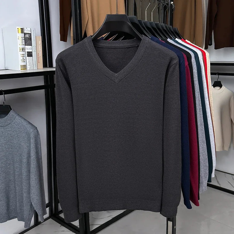 Classic V Neck Knitted Top Men Long Sleeve Smooth Knit Rib Trim Suitable For Layering Everyday Casual Look