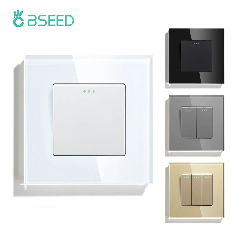BSEED Mechanical Wall Light Switch Button 1/2/3Gang 1Way Crystal Glass Panel Power Switch On Off 250V White Black