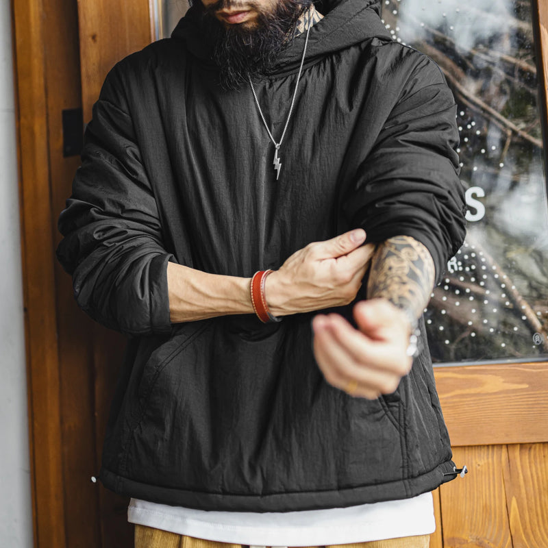Maden Men's Big Pocket Hoodie Plush Lined Water Resistant Pullover Drop Shoulder Gather Sleeve Winter Coat for Casual Commuting