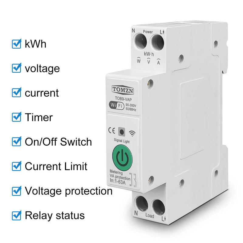 TOMZN TOB9-63M 63A 1P+N WIFI Smart Switch Energy Meter kWh Metering Monitoring Circuit Breaker Timer Relay MCB TUYA Smartlife