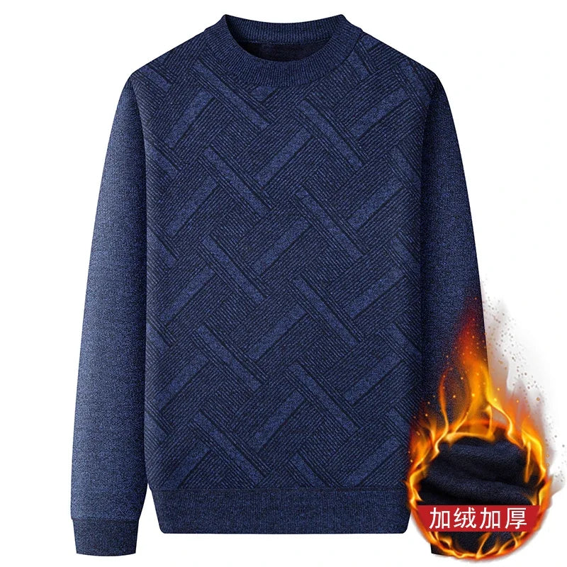 Street Style Male Knit Sweater Geometric Interlaced Stripe Pattern Comfortable Crew Neck Daily Outing Long Sleeve Top