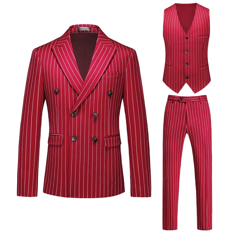Men's Black-White Striped Plaid Suit 3-Piece, Wedding Party Dress Jacket and Vest with Trousers, Asian Sizes Red Slim Fit Sets.