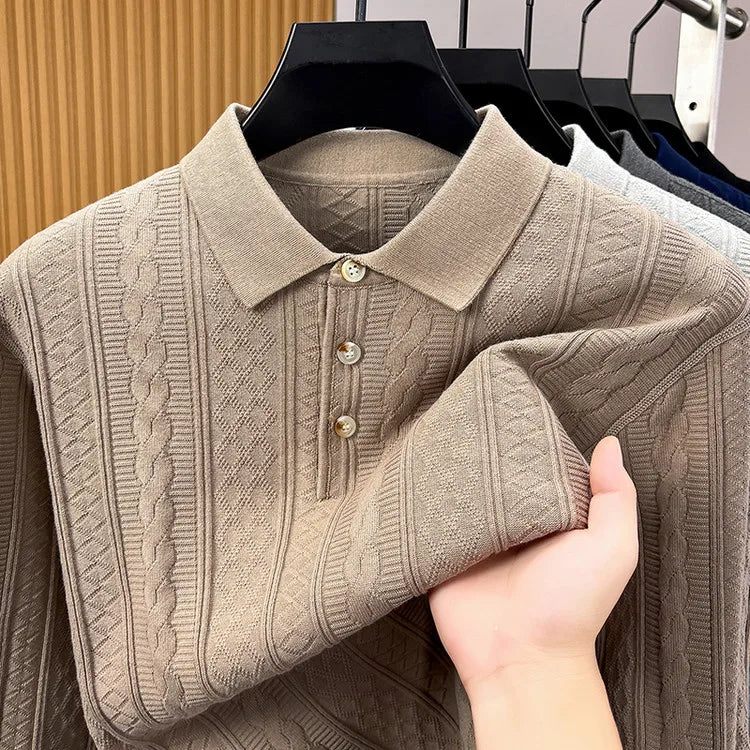 Men's Long Sleeve Waffle Knit Polo Shirt – 100% Cotton, Slim Fit, Business Casual Top for Autumn Winter