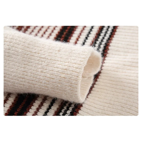 Men's Color Block Striped Sweater Crew Neck Loose Fit Knitted Pullover with Wool Autumn Winter Casual Streetwear