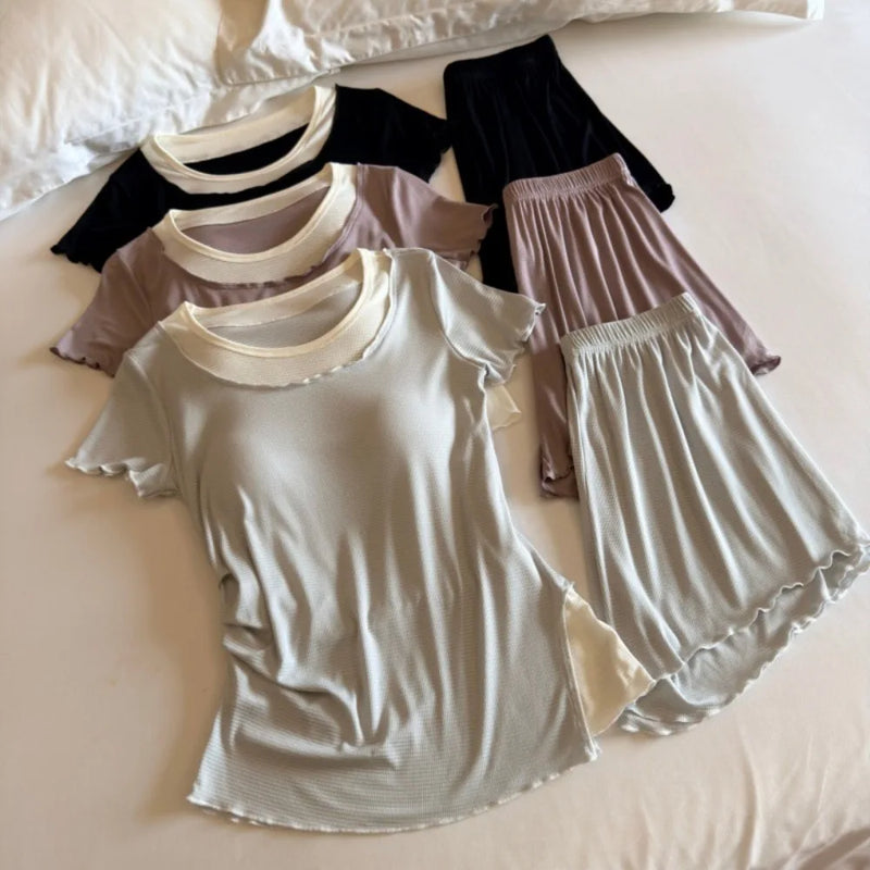 New Women's Summer Pajamas Set Chest Pads Home Clothes Thin Short Sleeve Top Shorts 2 Piece Loungewear Sleepwear Suit Pijama