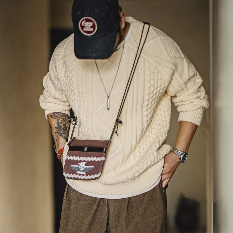 អាវយឺតបុរស Maden Retro Aran រដូវស្លឹកឈើជ្រុះ និងរដូវរងា អាវប៉ាក់ក្រាស់ ពណ៌បន៍ត្នោតខ្ចី កមូល អាវយឺតត្បាញ អាវក្រៅសម្រាប់លេងកម្សាន្តបានច្រើនយ៉ាង