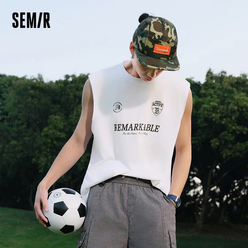 Semir Mens Vest 2026 American Sports Sleeveless Knitted Pure Cotton Simple Printed Commute