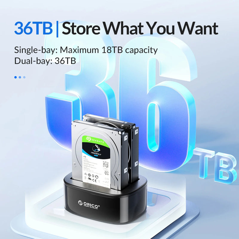 ORICO Dual-bay Hard Drive Docking Station for 2.5/3.5 Inch HDD SSD SATA to USB 3.0 HDD Docking Station with 12V3A Power Adapter