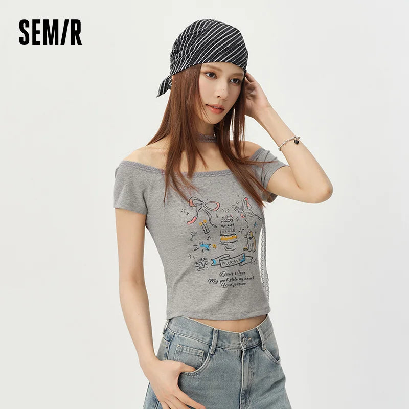 Semir Women Tshirt Lace One Shoulder Print Slim Cropped Top 2026 Summer Trendy