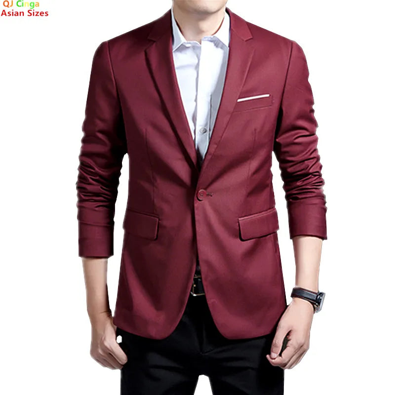Men's Red Suit Jacket in Asian Sizes; Slim-fit Blazer for Weddings, Parties, and the Office; Available in Blue, Black, Gray.