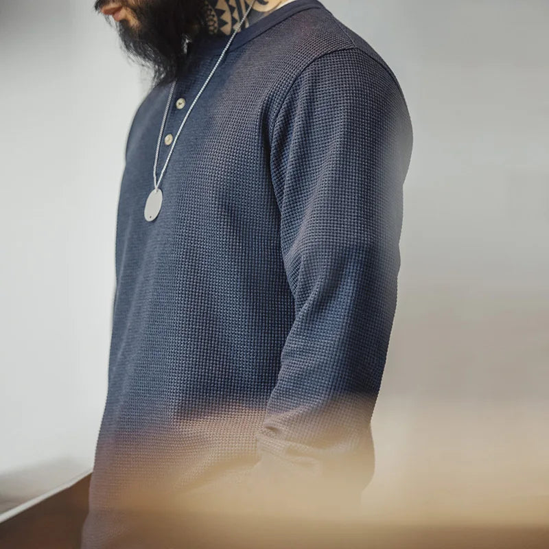 Maden Vintage Navy Blue Waffle Henley Shirt for Men Long Sleeve Slim-fit T-shirts Spring Bottom Knit Sweater Crew Neck T Shirt