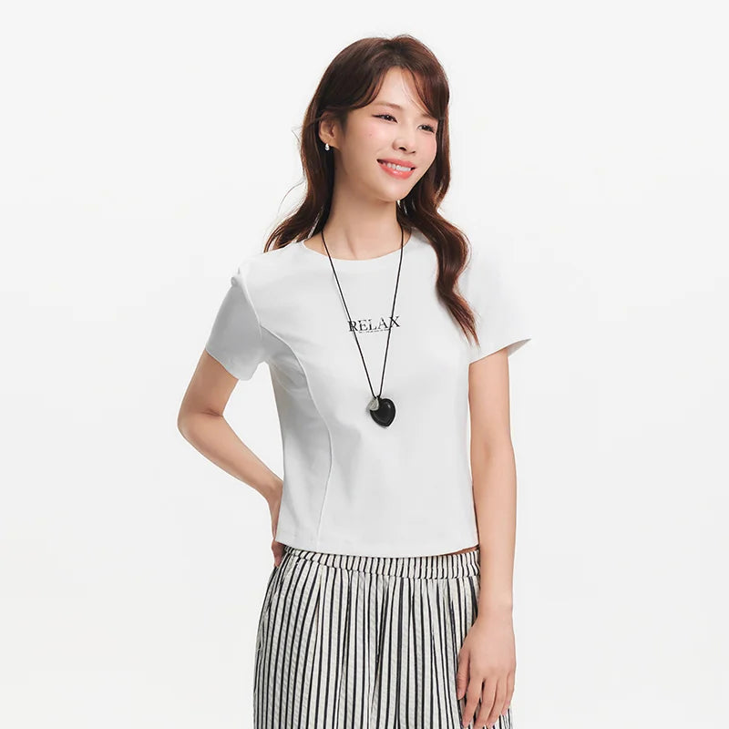 Semir Womens Tshirt 2026 Short Style Letter Split Slim Embroidered Regular Shoulder Slim Fit Casual Soft Daily Wear