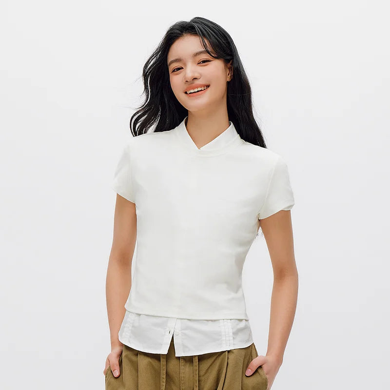 Semir Women Tshirt Cropped Solid Color Slim Crew Neck Short Sleeve Summer 2026 Minimal Casual Fashion Style Top
