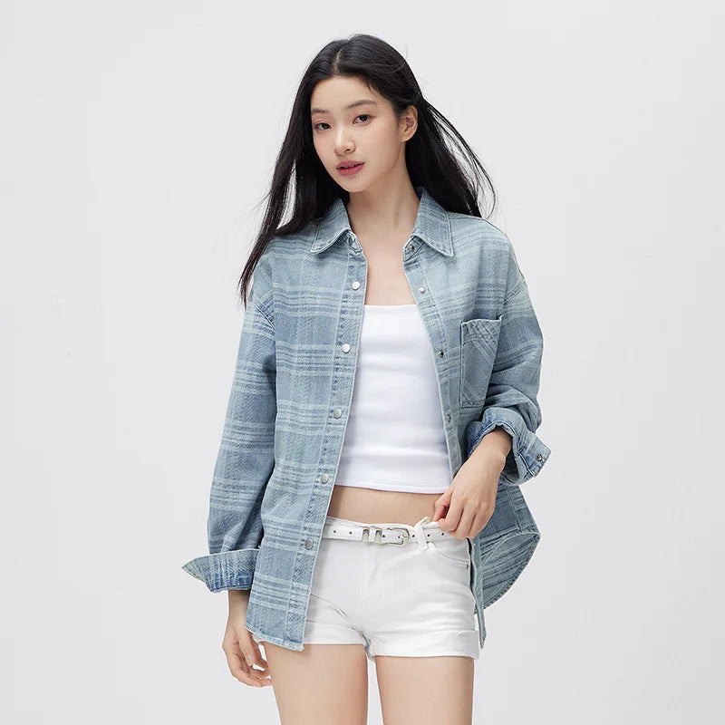 Semir Soft Shirt Women Spring 2026 Plaid Denim Loose Casual Comfortable Daily Wear Versatile Stylish Blouse