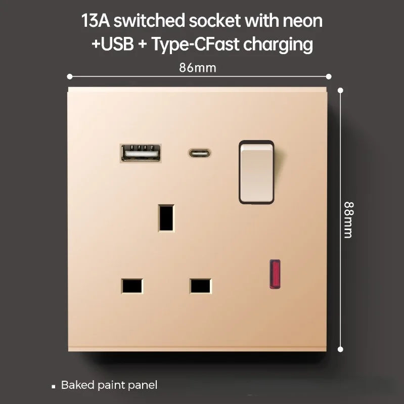 Uk Type 86 13A Universal Rose Gold 220V Wall Large Warped 1gang2way Cross Button Light Switch,USB Electric Plug Wall Socket