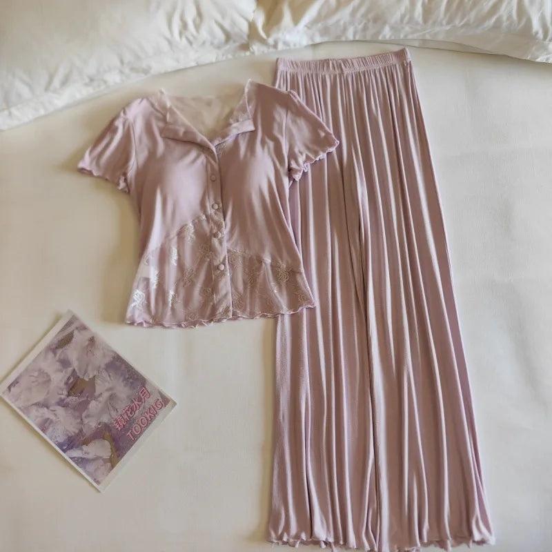Summer Thin Pajamas Two-Piece Chest Cup Home Suit for Women Nightwear New Casual Home Wear Loungewear Suit Ladies Homewear