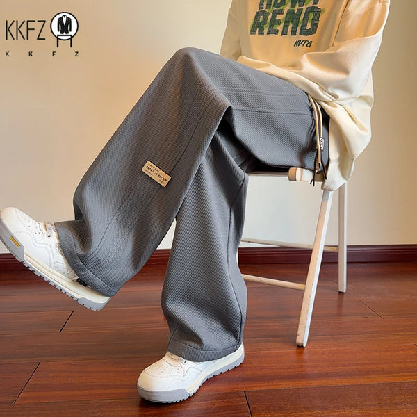 Mens Waffle Knit Wide Leg Bottoms Elastic Drawstring Waist Small Label Ornament Relax Cut Daily Street Casual Pants