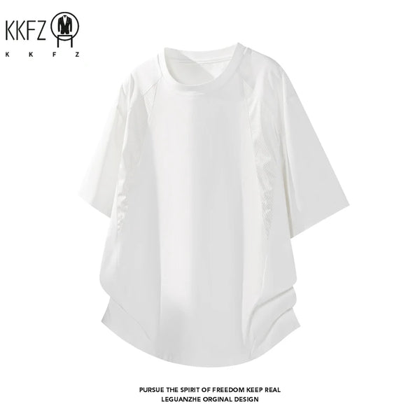 Mens Loose Curved Hem Athletic Top Raglan Short Sleeve Mesh Spliced Quick Dry T Shirt For Gym Training Travel Outdoor Scenarios