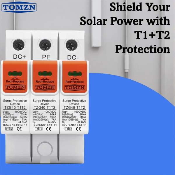 TOMZN T1/T2 DC SPD Surge Protective Device–1000V/1200V 20-50kA (8/20μs) 7kA (10/350μs) Low-Voltage Arrester for PV Solar Systems