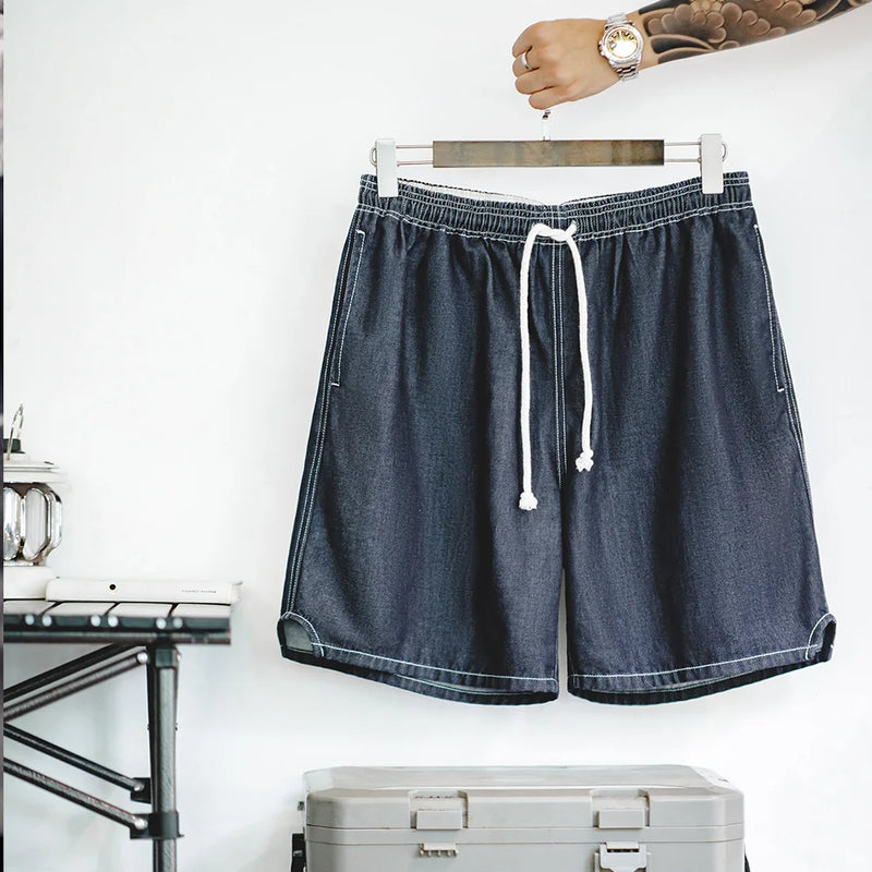 Maden Vintage Cool-Touch Denim Shorts Men's Summer Lightweight Straight Leg Elastic Waist Jeans Shorts Breathable Casual Bottom