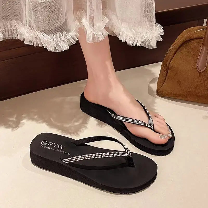 Fashionable Rhinestone Flip-Flops for Women, with Thick Soles and a Wedge Heel, Suitable for Outdoor Wear in Summer. They Are an